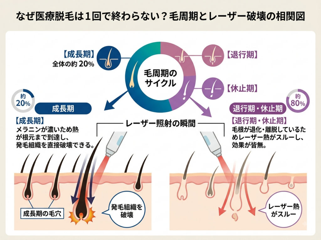 医療脱毛の毛周期とレーザー効果の図解。成長期の毛根のみレーザー熱が伝わり、休止期には反応しないことを示す皮膚断面イラスト。