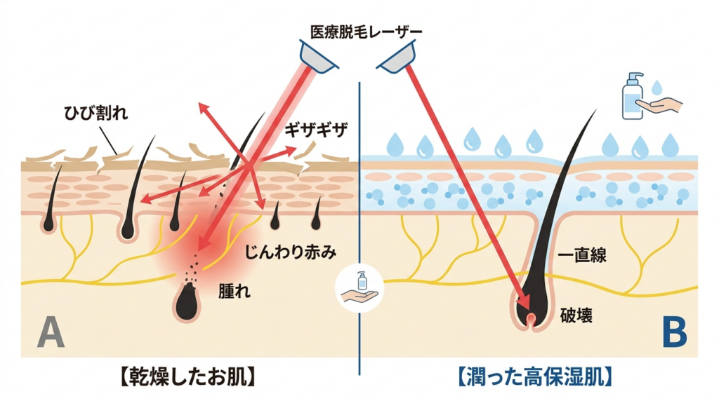 乾燥肌と高保湿肌における医療脱毛レーザーの浸透力の違いを示す図。水分量が多いほど安全に高出力照射が可能で効果が高い仕組みのイラスト。