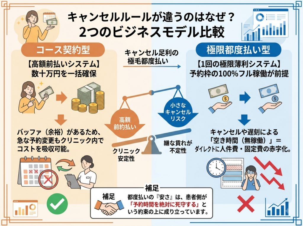 脱毛クリニックのセットコース制と都度払い制における予約キャンセルの経営的リスクの差を示す図解インフォグラフィック。