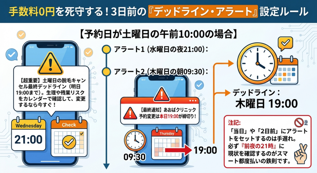 医療脱毛の予約キャンセル手数料の発生を防ぐための、スマホカレンダーとリマインダー通知の設定方法を示すイラスト図解。
