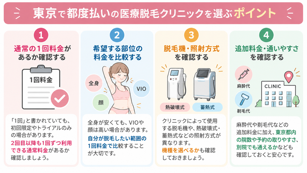 東京で都度払いの医療脱毛クリニックを選ぶ4つのポイント